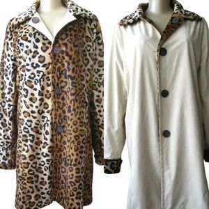 Dennis Basso Reversible Tan and Leopard Cheetah Animal Print Coat Sz L Faux Fur